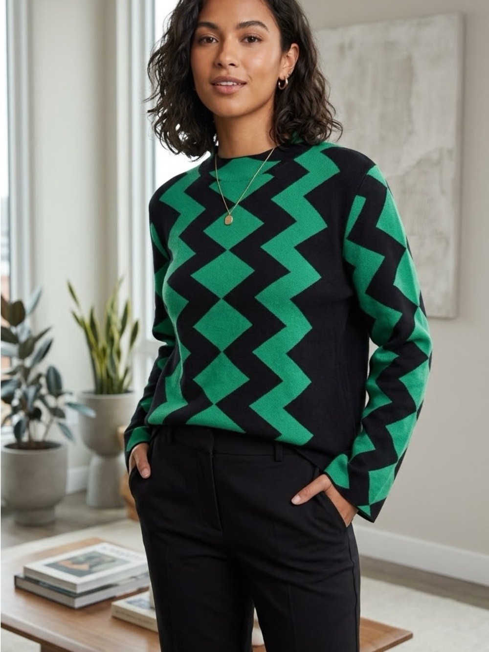 Investments Green & Black Zigzag Crewneck Sweater
